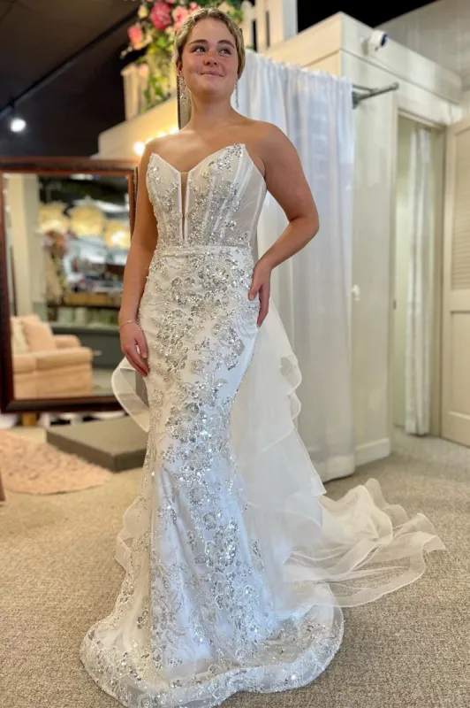 White Strapless Mermaid Long Wedding Dress with Detachable Train sold by KissProm