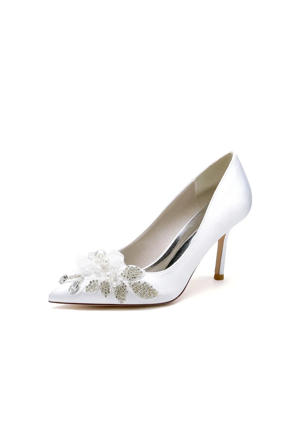 Pointed Toe Satin Bridal Heels with Crystal Flower sold by KissProm
