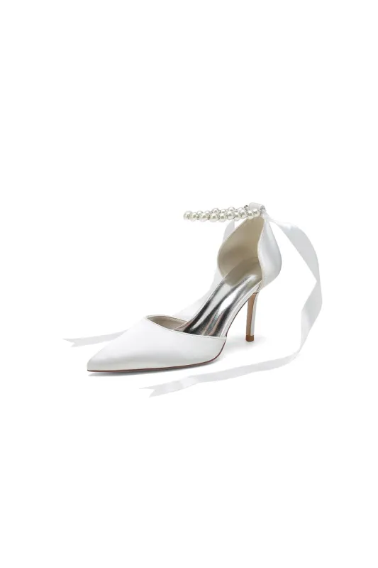 Pointed Toe Pearl Strap Ribbon Tie High Heel sold by KissProm