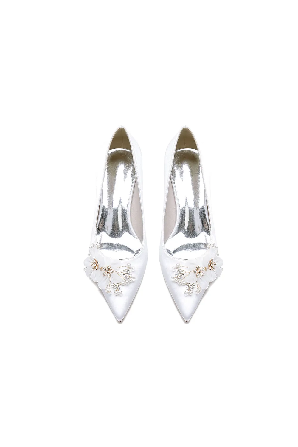 Pointed Toe White Rhinestone Chunky Heels with Flower sold by KissProm product image thumbnail 3