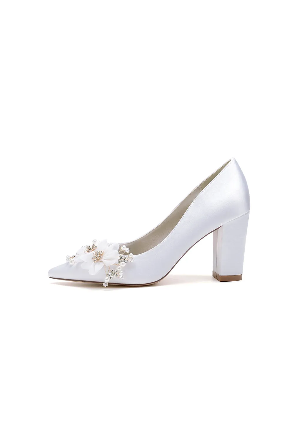 Pointed Toe White Rhinestone Chunky Heels with Flower sold by KissProm product image thumbnail 2