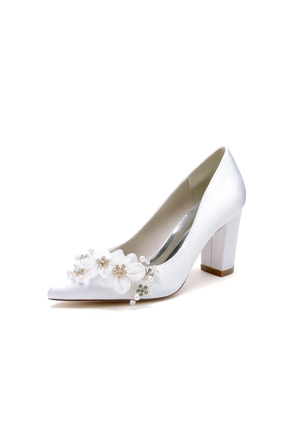 Pointed Toe White Rhinestone Chunky Heels with Flower sold by KissProm