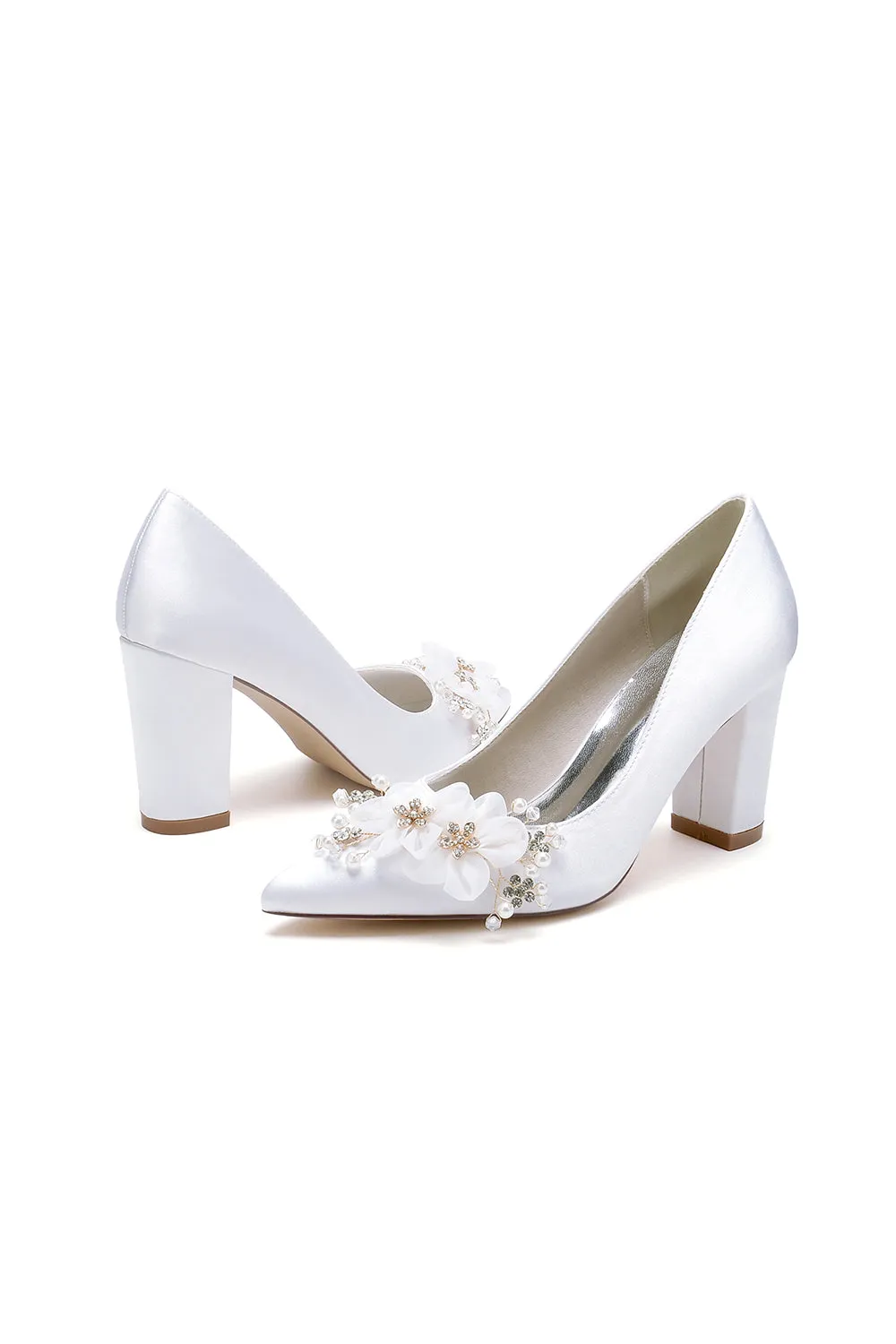 Pointed Toe White Rhinestone Chunky Heels with Flower sold by KissProm product image thumbnail 4