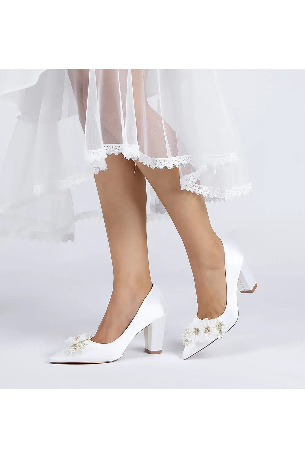Pointed Toe White Rhinestone Chunky Heels with Flower sold by KissProm product image thumbnail 5