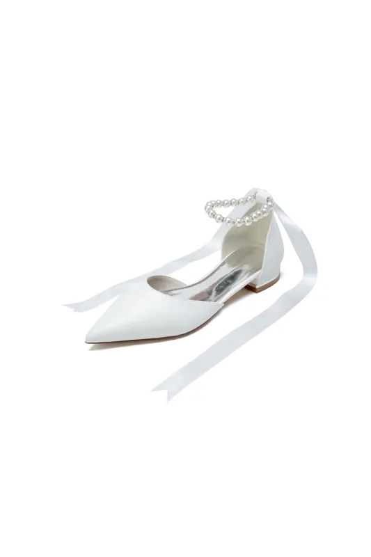 Pointed Toe Ankle Strap Pearl Beaded Ivory Ribbons Low Heels sold by KissProm