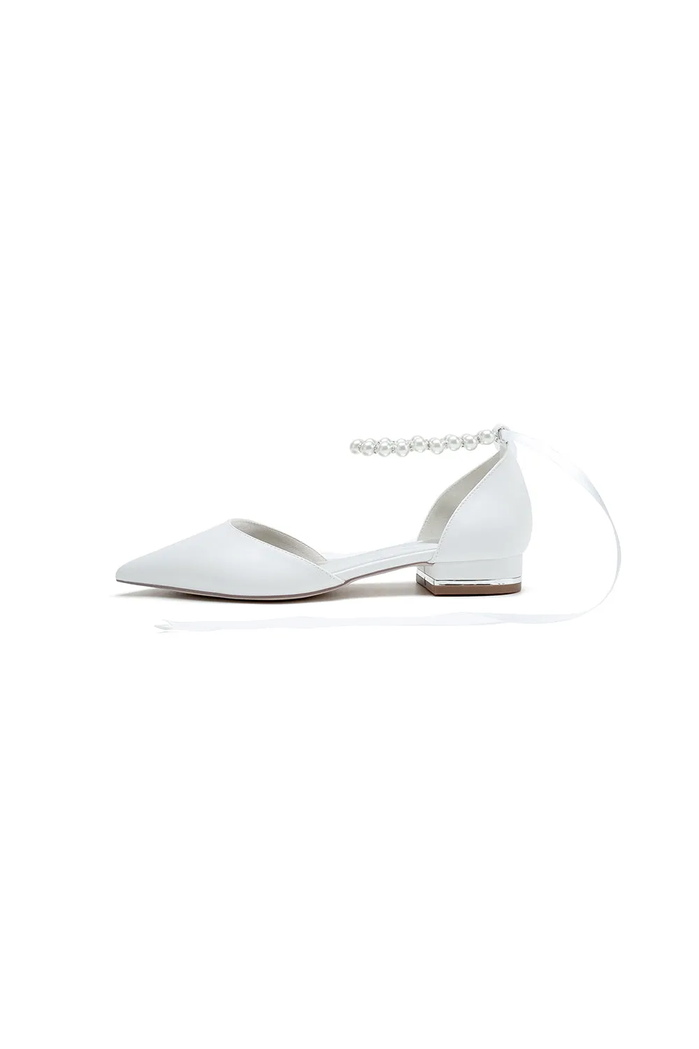 Pointed Toe Ankle Strap Pearl Beaded Ivory Ribbons Low Heels sold by KissProm product image thumbnail 5