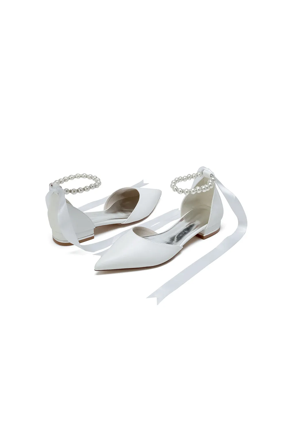 Pointed Toe Ankle Strap Pearl Beaded Ivory Ribbons Low Heels sold by KissProm product image thumbnail 4
