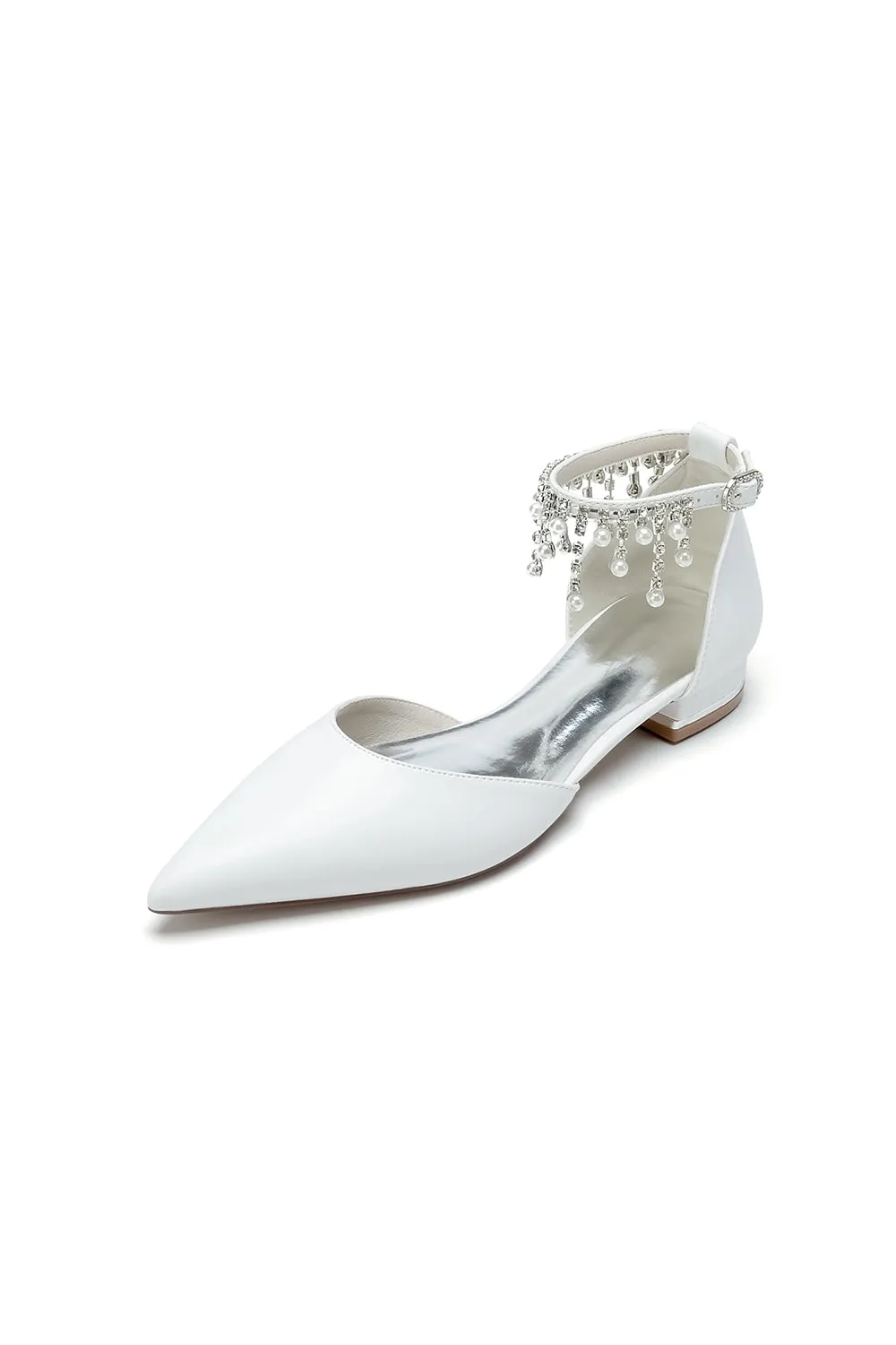 White Pearl Beaded Ankle Strap Pointed Toe Low Heels sold by KissProm