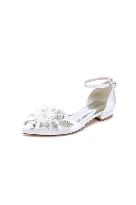 White Pointed Toe Ankle Strap Low Heels with Rhinestone sold by KissProm