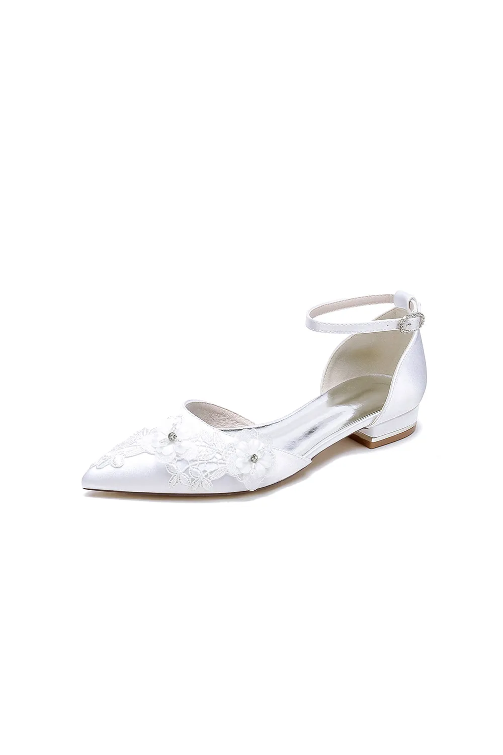 Pointed Toe White Ankle Strap Low Heels with Lace sold by KissProm