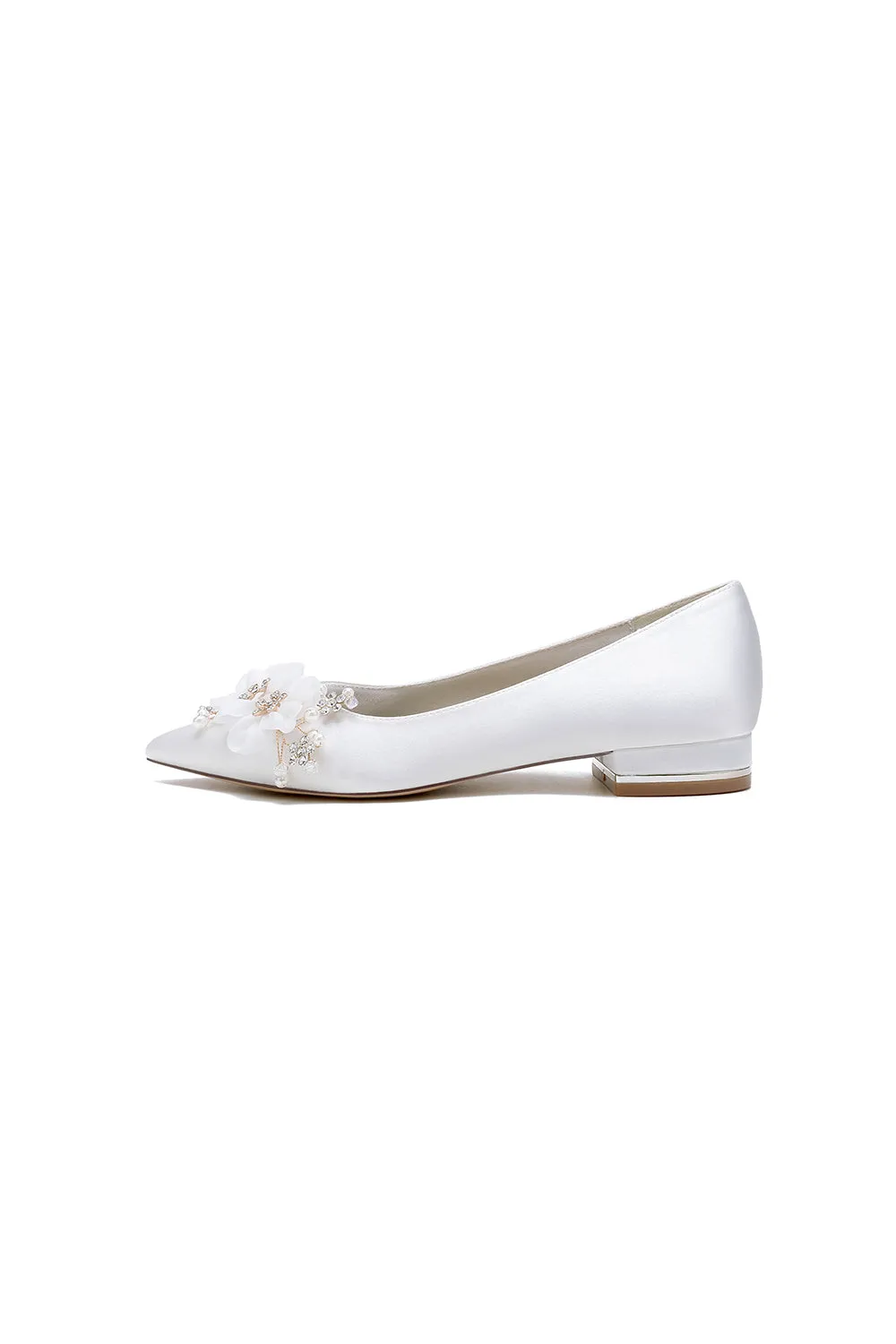 White Elegant Pointed Toe Low Heels with Rhinestone Flower sold by KissProm product image thumbnail 4