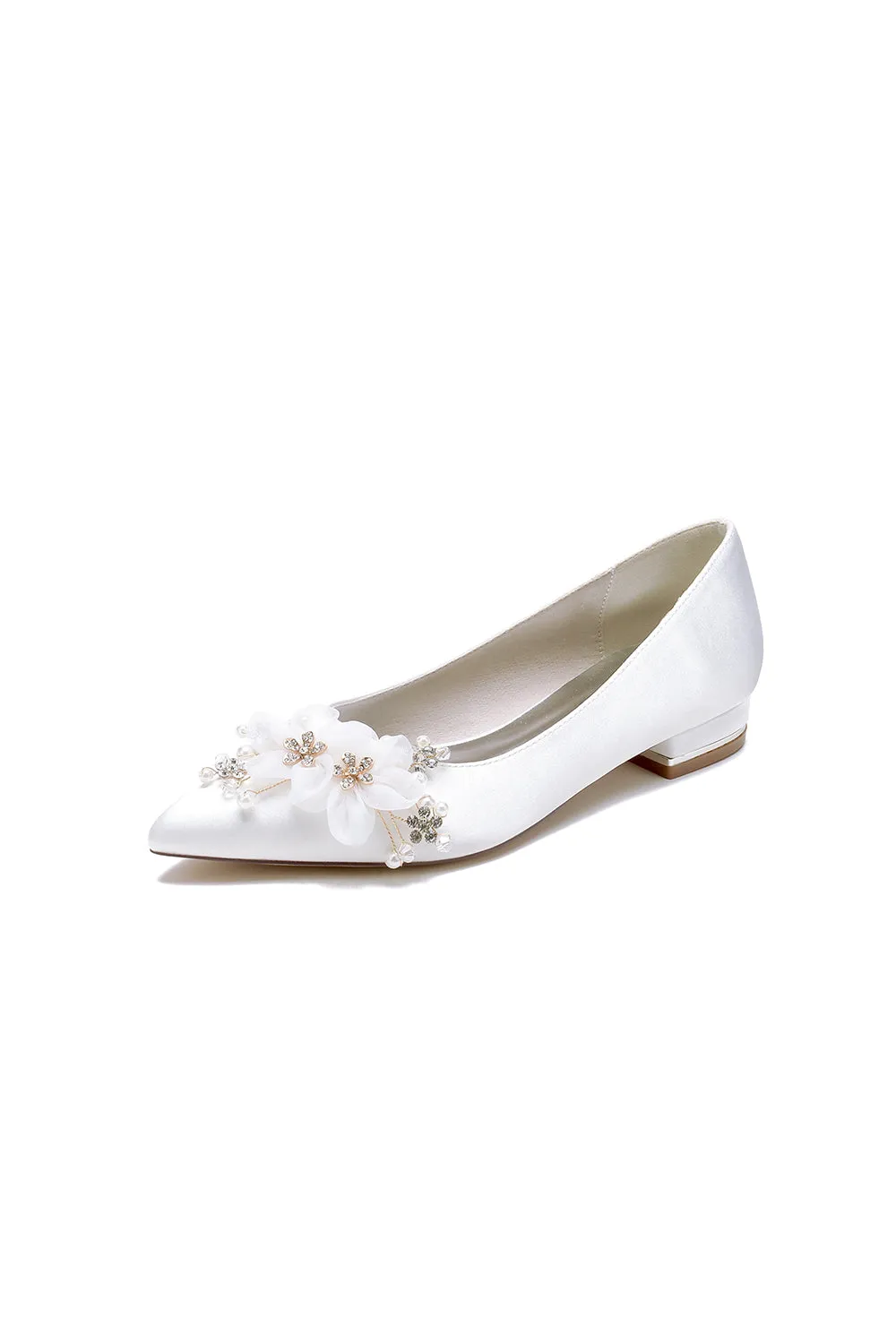 White Elegant Pointed Toe Low Heels with Rhinestone Flower sold by KissProm