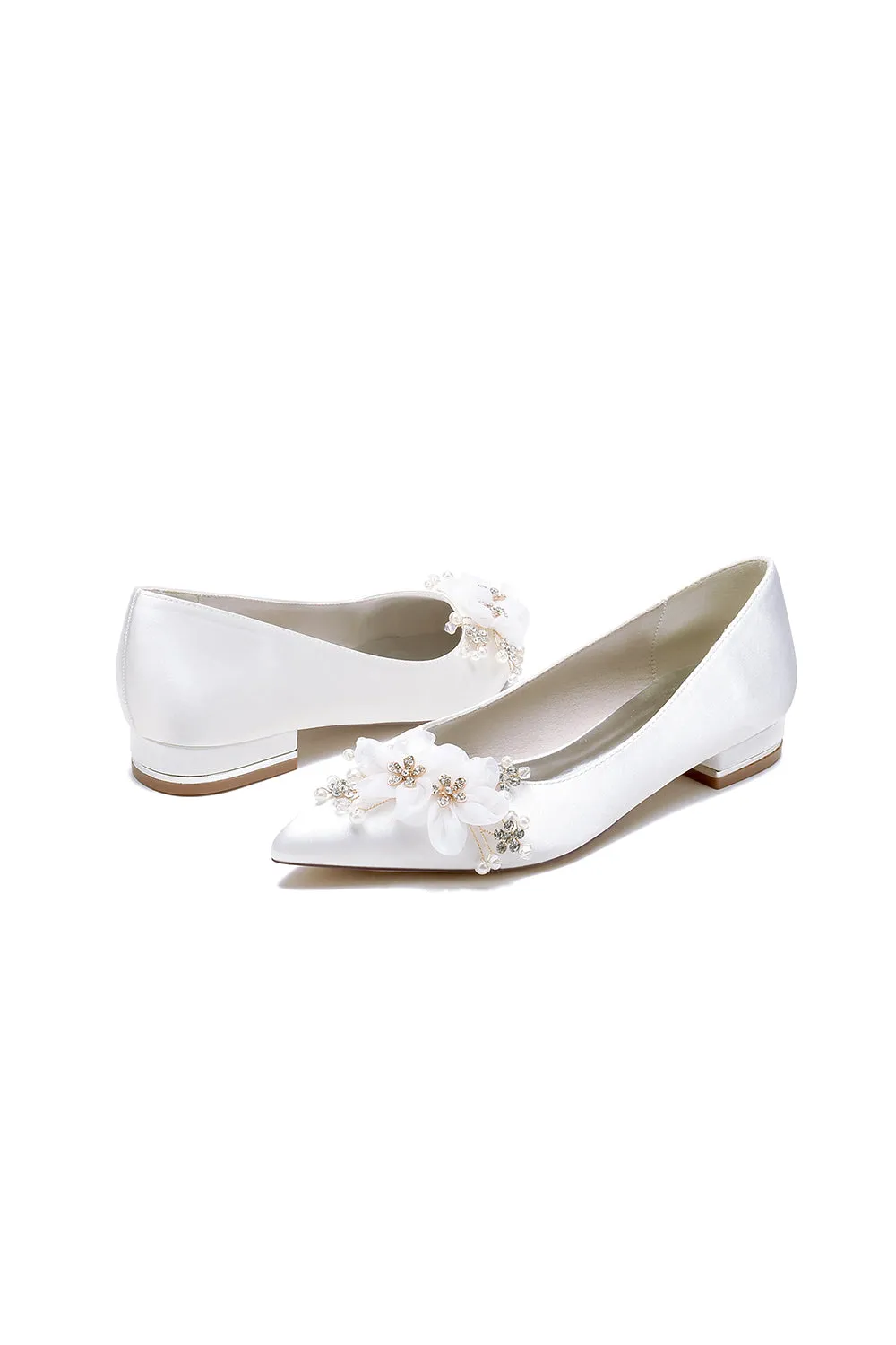 White Elegant Pointed Toe Low Heels with Rhinestone Flower sold by KissProm product image thumbnail 3