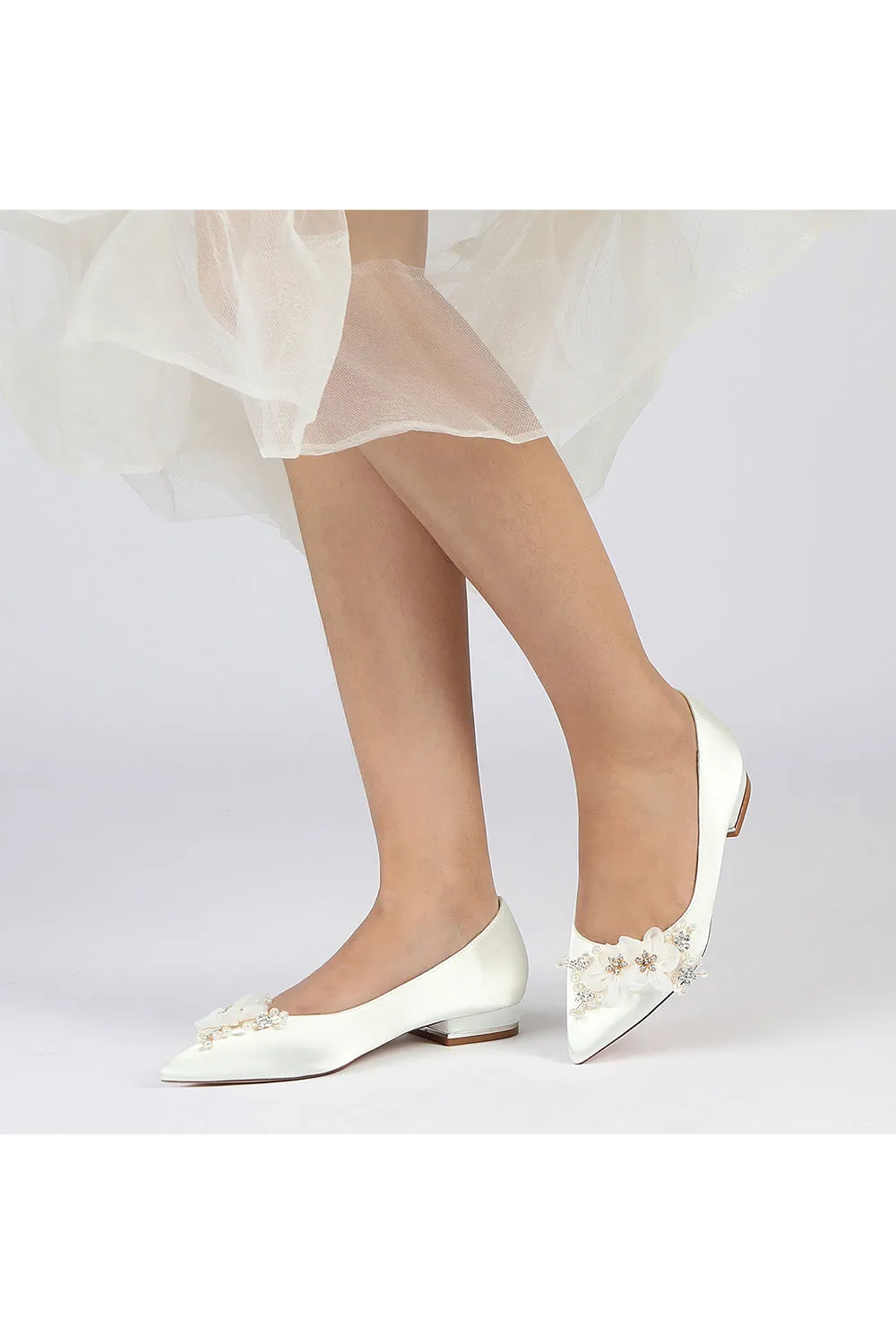 White Elegant Pointed Toe Low Heels with Rhinestone Flower sold by KissProm product image thumbnail 5