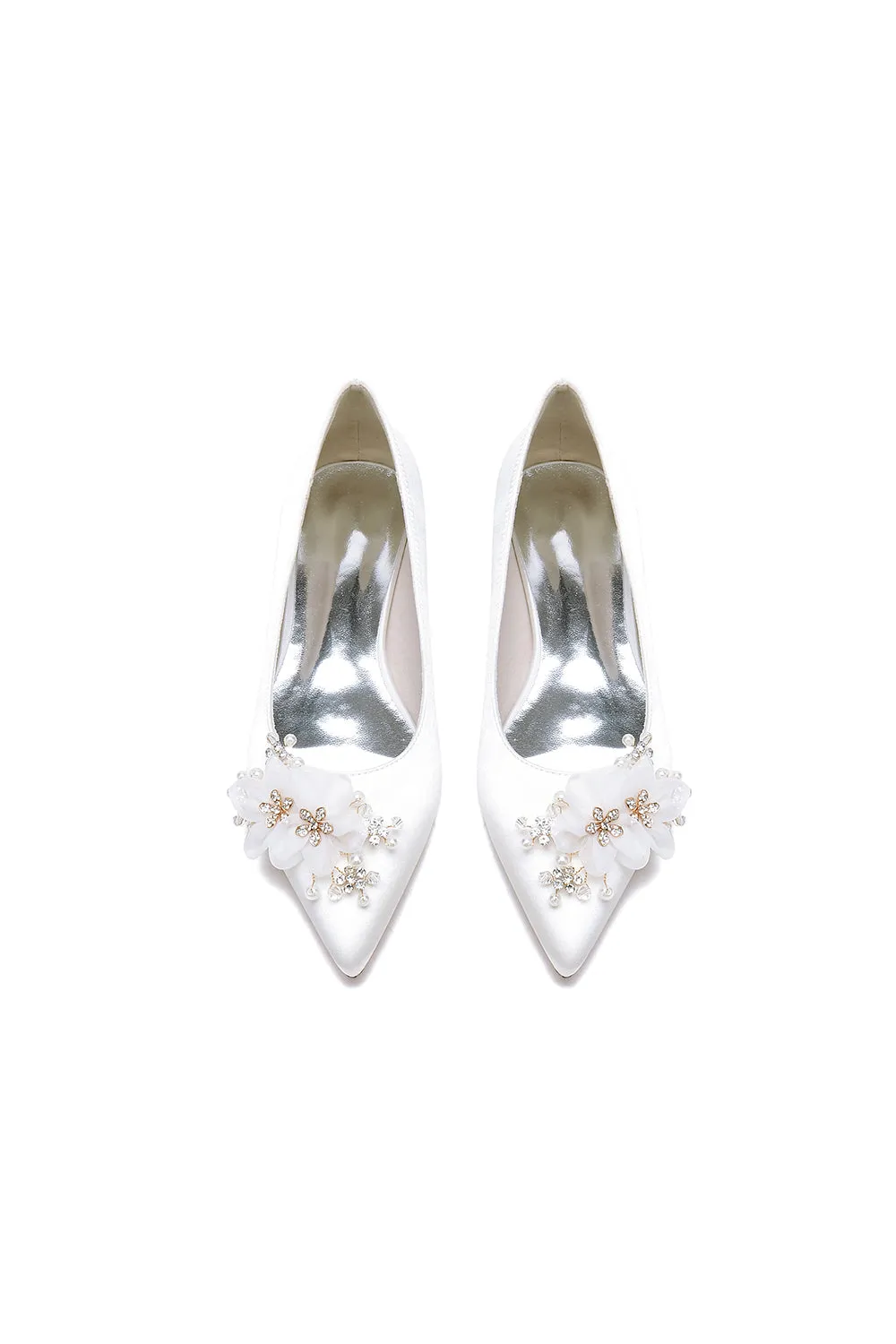 White Elegant Pointed Toe Low Heels with Rhinestone Flower sold by KissProm product image thumbnail 2