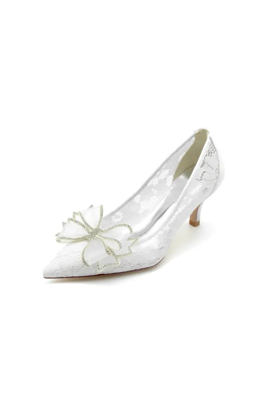 Elegant Pointed Toe Lace Mesh Hollow Out High Heels with Bow sold by KissProm