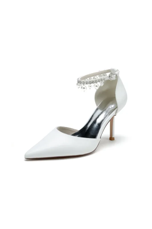 Satin Pointed Toe Pearl Beaded Ankle Strap Simple Wedding Shoes sold by KissProm