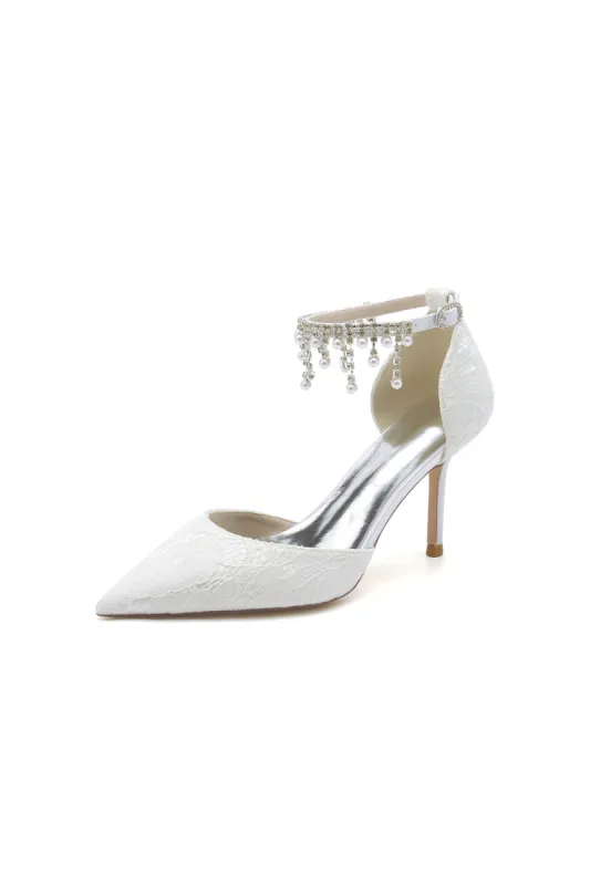 Elegant White Ankle Strap Pearl Beaded Wedding Shoes sold by KissProm