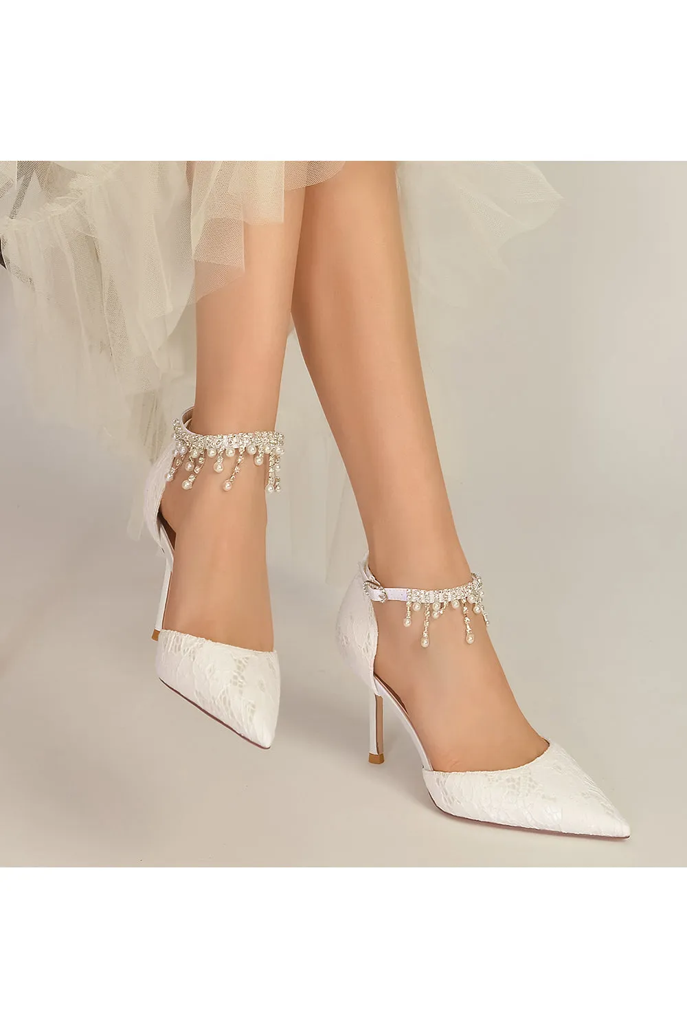 Elegant White Ankle Strap Pearl Beaded Wedding Shoes sold by KissProm product image thumbnail 5