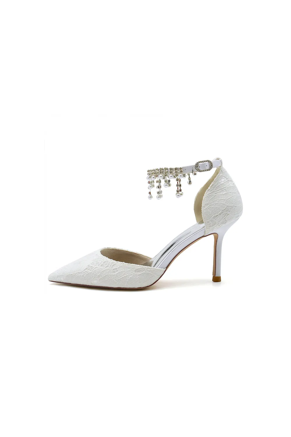 Elegant White Ankle Strap Pearl Beaded Wedding Shoes sold by KissProm product image thumbnail 3