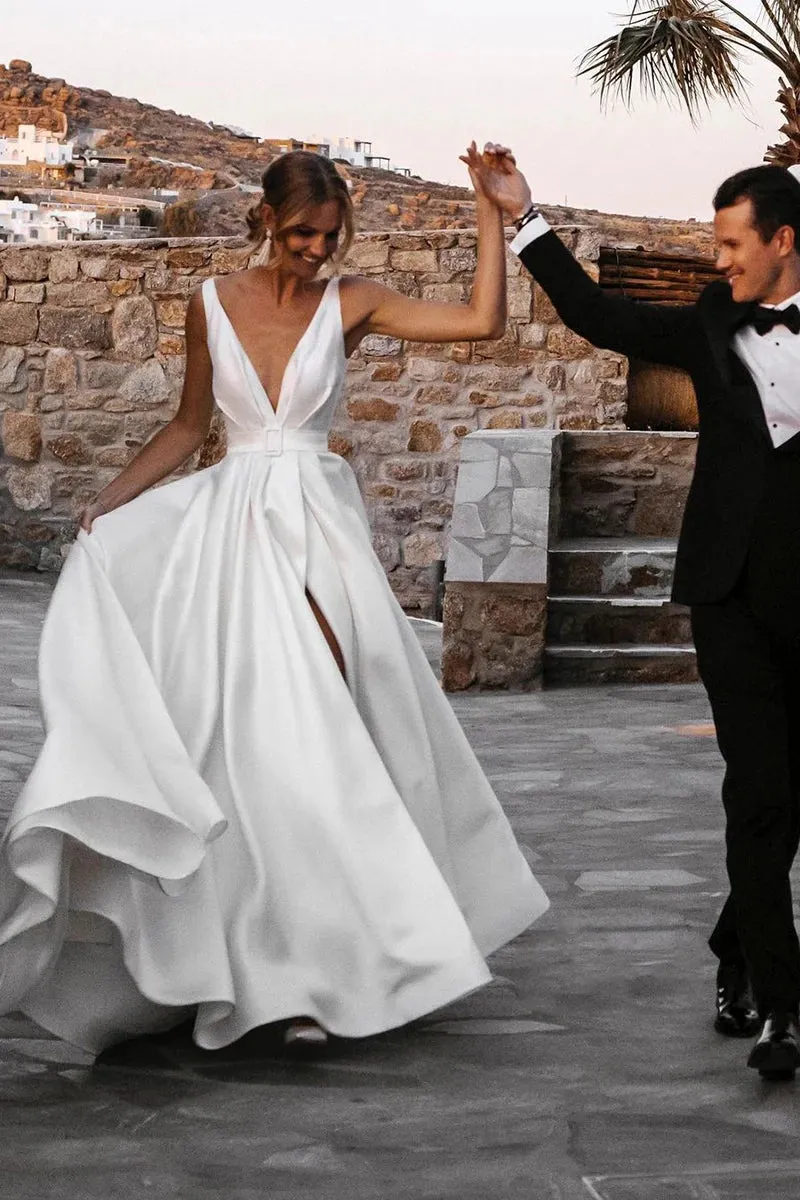 Attractive Deep V-Neck White Satin Bohemian Wedding Dress sold by KissProm