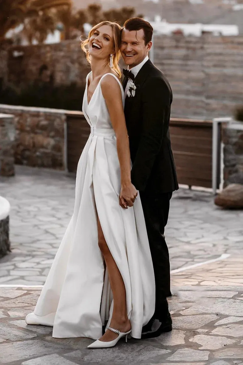 Attractive Deep V-Neck White Satin Bohemian Wedding Dress sold by KissProm product image thumbnail 3