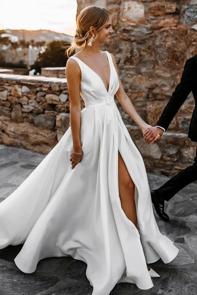 Attractive Deep V-Neck White Satin Bohemian Wedding Dress sold by KissProm product image thumbnail 4
