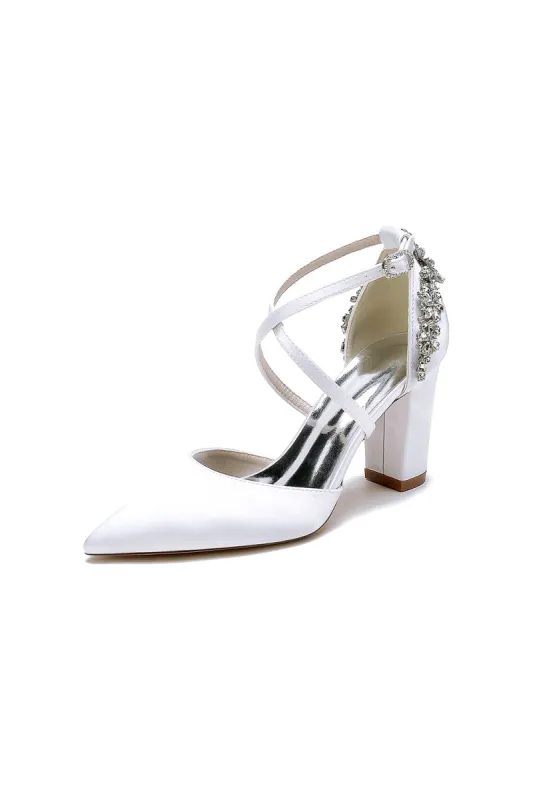 White Satin Pump with Cross-Strap and Metal Accent sold by KissProm