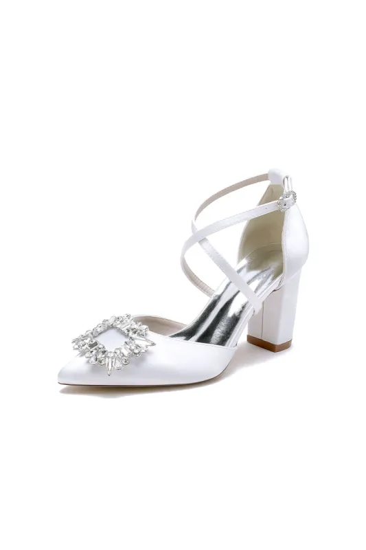 White Satin Pump with Crystal-Embellished Cross-Strap sold by KissProm