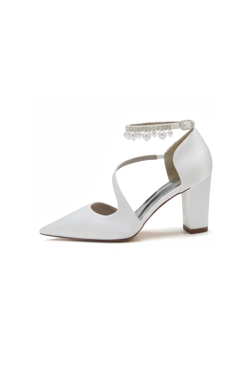 White Satin Heels with Cross-Strap Design and Pearl-Accented Buckle sold by KissProm product image thumbnail 2