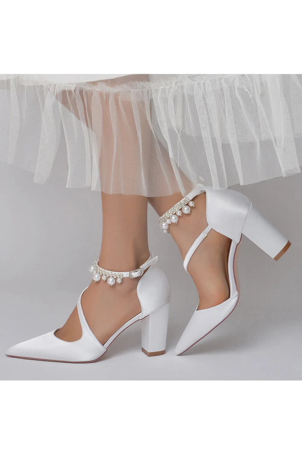 White Satin Heels with Cross-Strap Design and Pearl-Accented Buckle sold by KissProm product image thumbnail 5