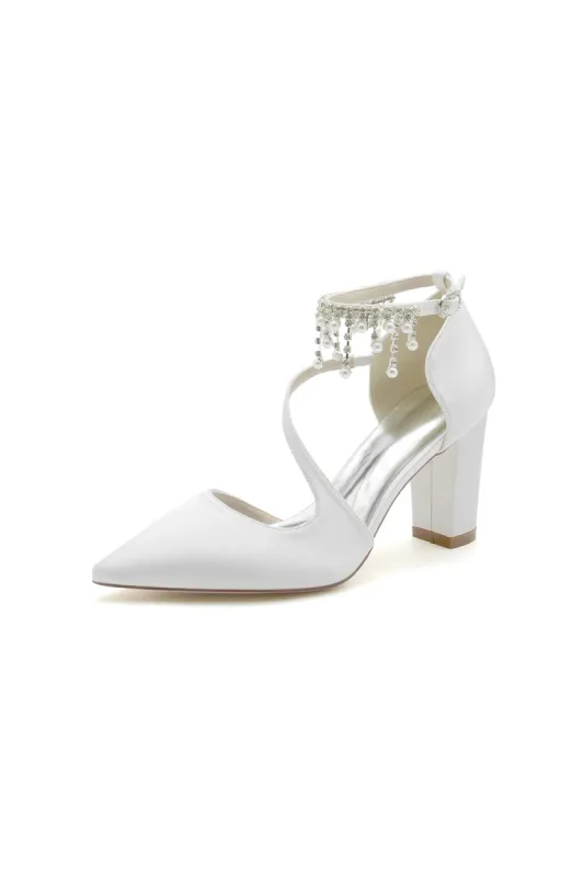 White Satin Pump with Pearl-Embedded Chain Heel sold by KissProm