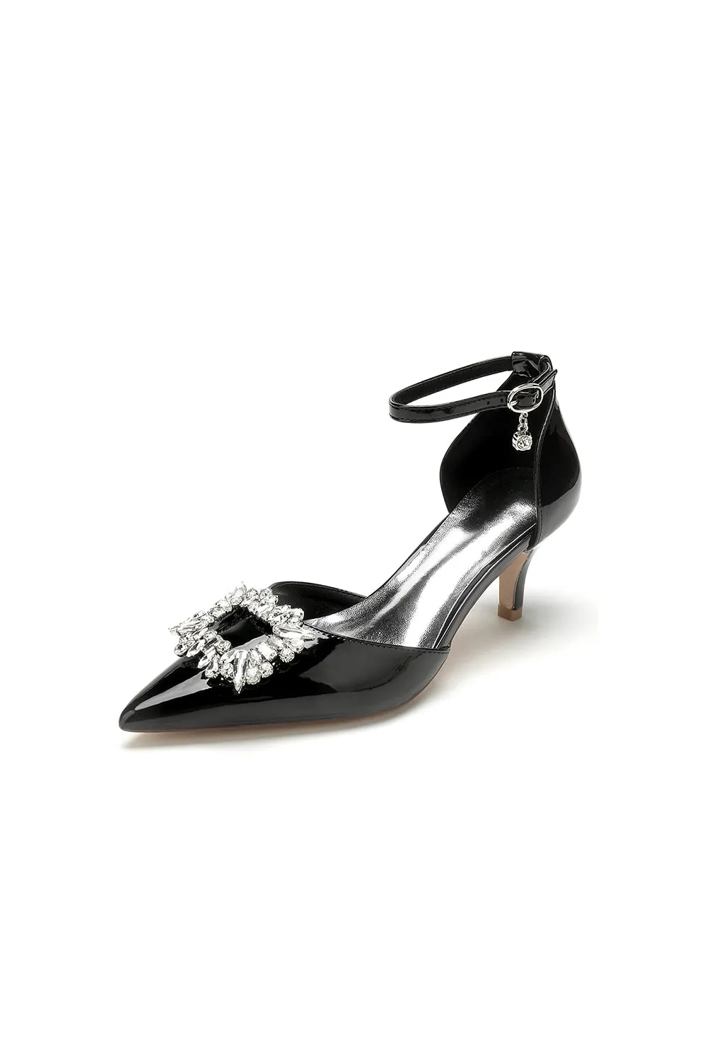 Chic Pointed-Toe Black High Heels with Silver Metal Strap and Crystal Embellishment sold by KissProm