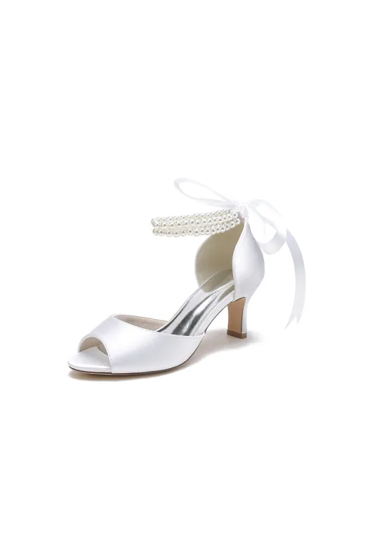 Chic White Satin Heels Featuring a Pearl-Embellished Bow sold by KissProm