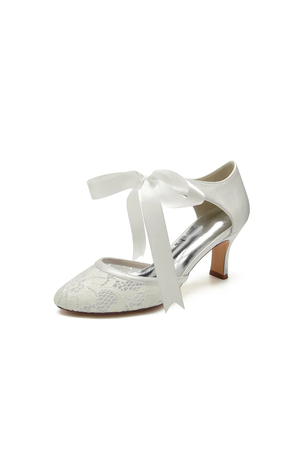 Elegant White Lace High Heels with Bow Accent sold by KissProm