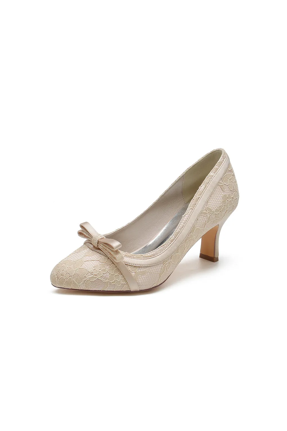 Chic Champagne Lace Formal Heels with Matching Bow sold by KissProm