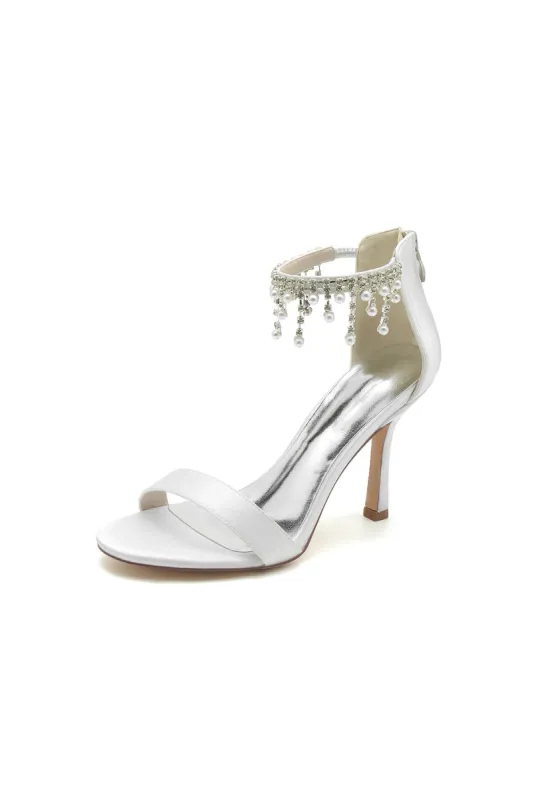 Glamorous White Leather High Heels with Silver Chain Accent sold by KissProm