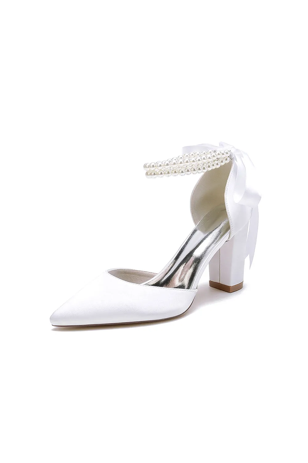 Pointed Toe Pearl Ribbon Ankle Strap Chunky Heel sold by KissProm