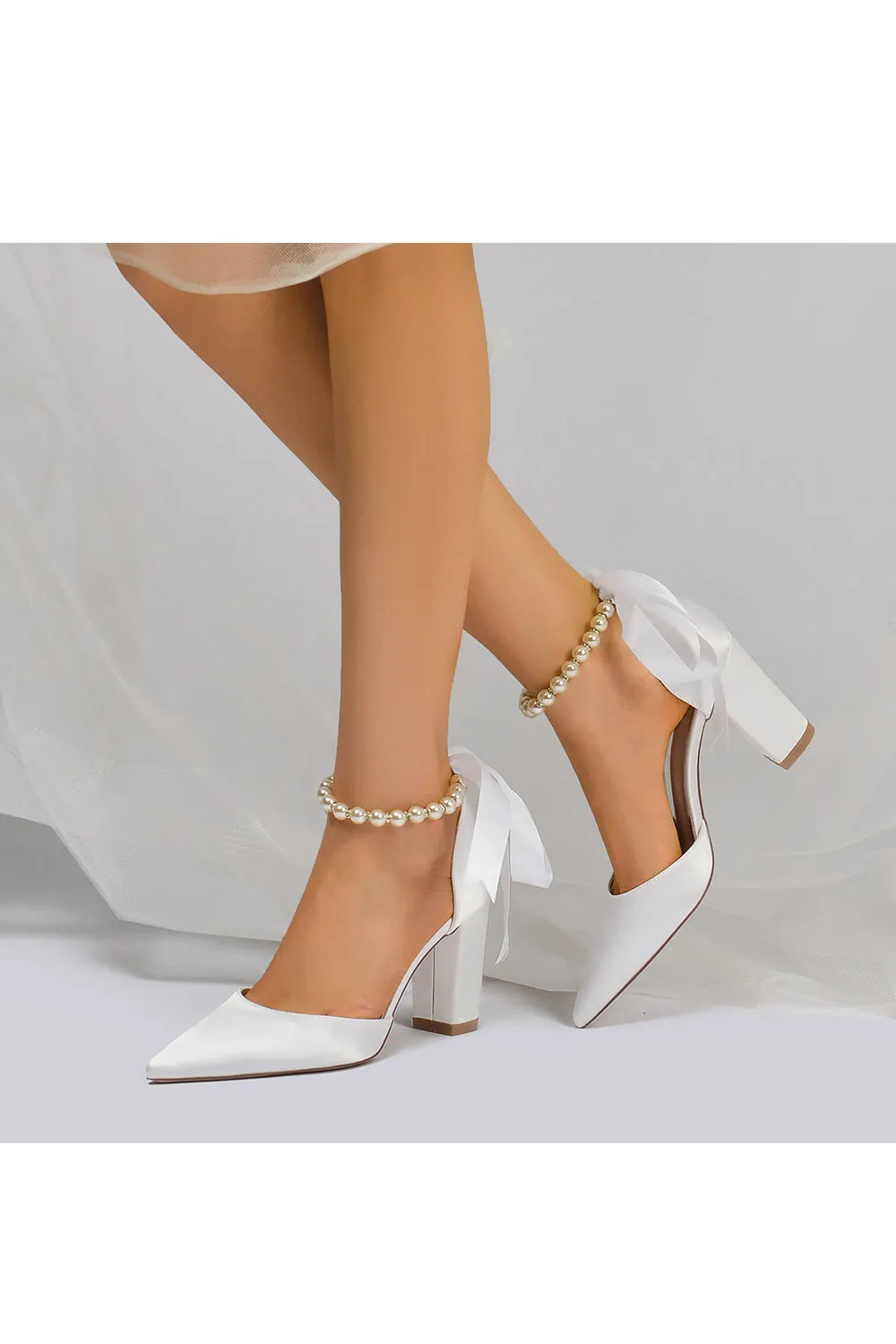 Pearl Ribbon Pointed Toe Ankle Strap Chunky Heel sold by KissProm product image thumbnail 3