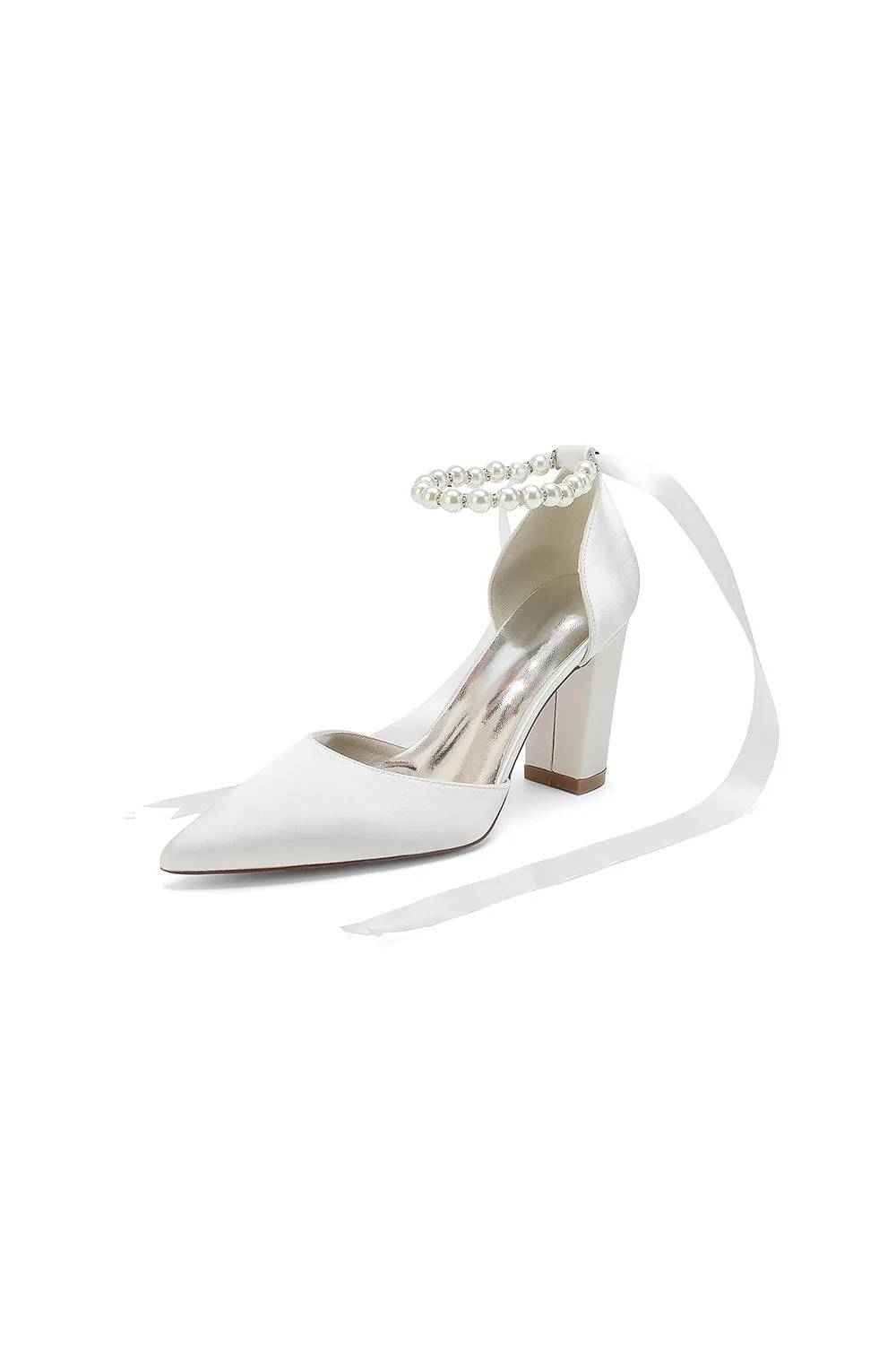 Pearl Ribbon Pointed Toe Ankle Strap Chunky Heel sold by KissProm
