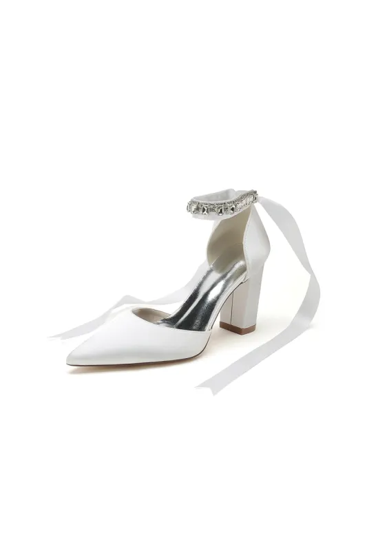 Rhinestone Ribbon Pointed Toe Ankle Strap Chunky Heel sold by KissProm