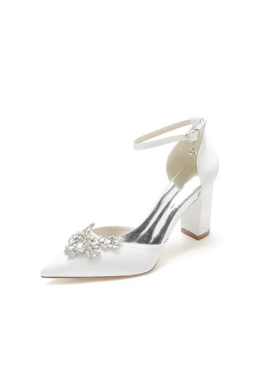 Rhinestone Pointed Toe Ankle Strap Satin Chunky Heel sold by KissProm