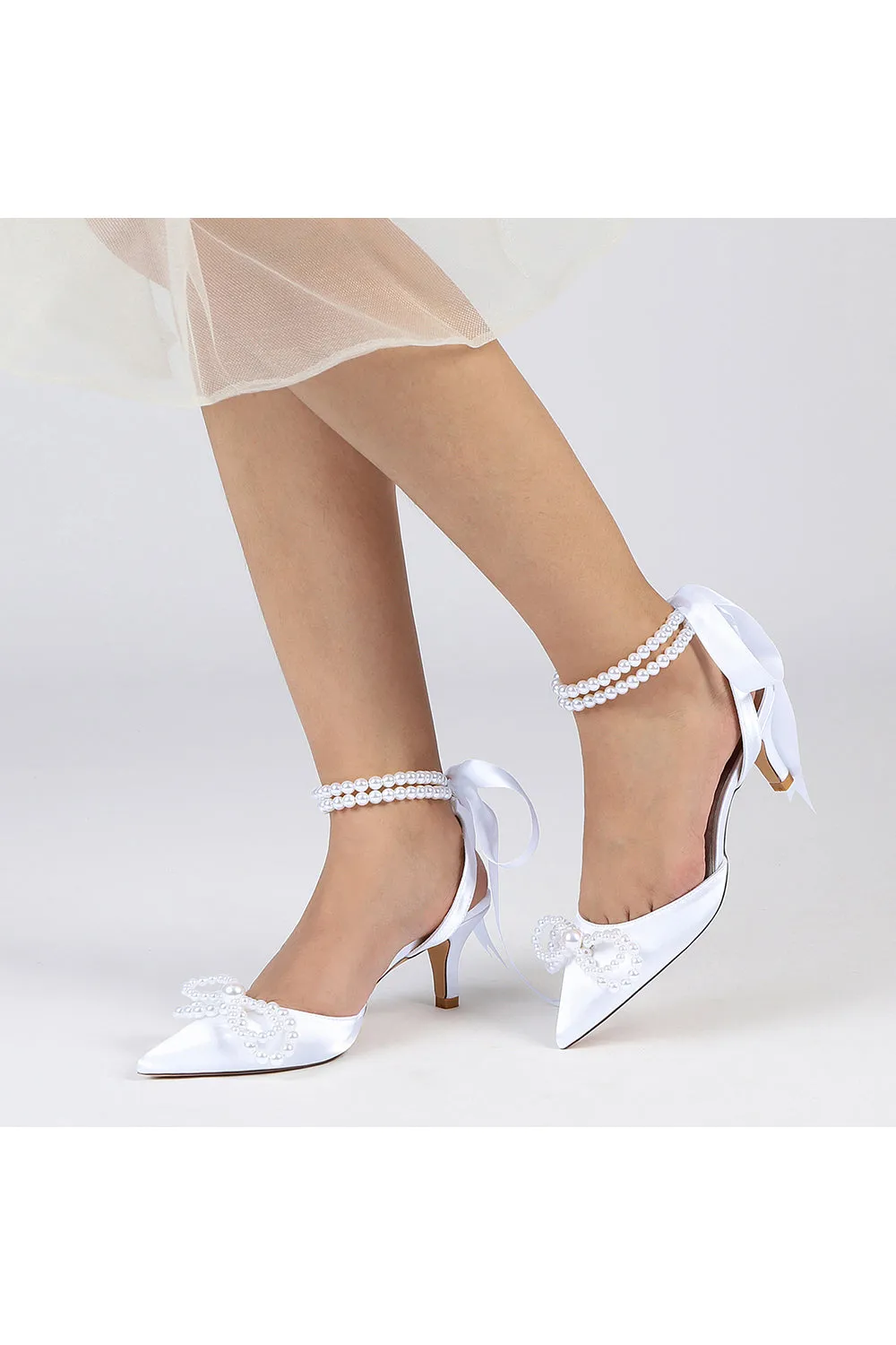 Pearl Ribbon Pointed Toe Ankle Strap High Heels sold by KissProm product image thumbnail 4