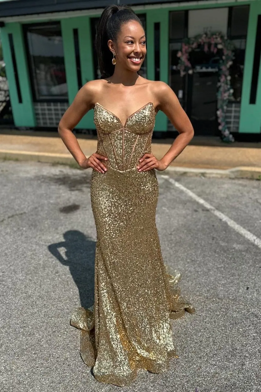 Gold Strapless Mermaid Sequins Long Prom Dress sold by KissProm product image thumbnail 4