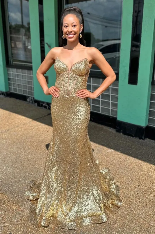 Nadir | Gold Strapless Mermaid Sequins Long Prom Dress sold by KissProm