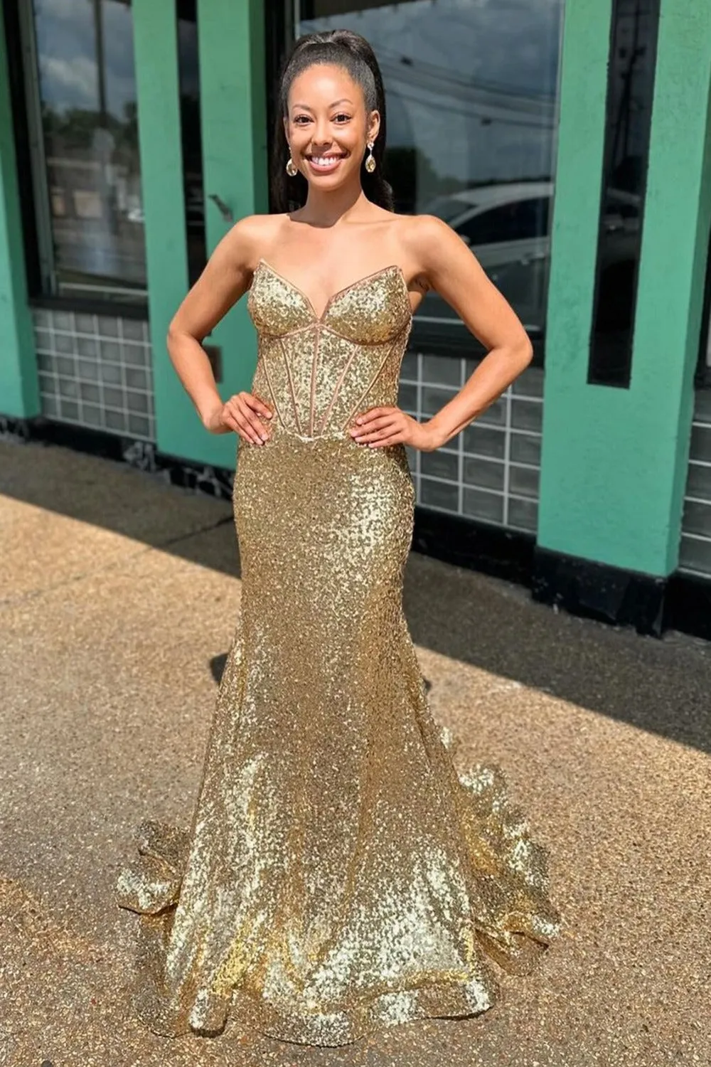 Gold Strapless Mermaid Sequins Long Prom Dress sold by KissProm