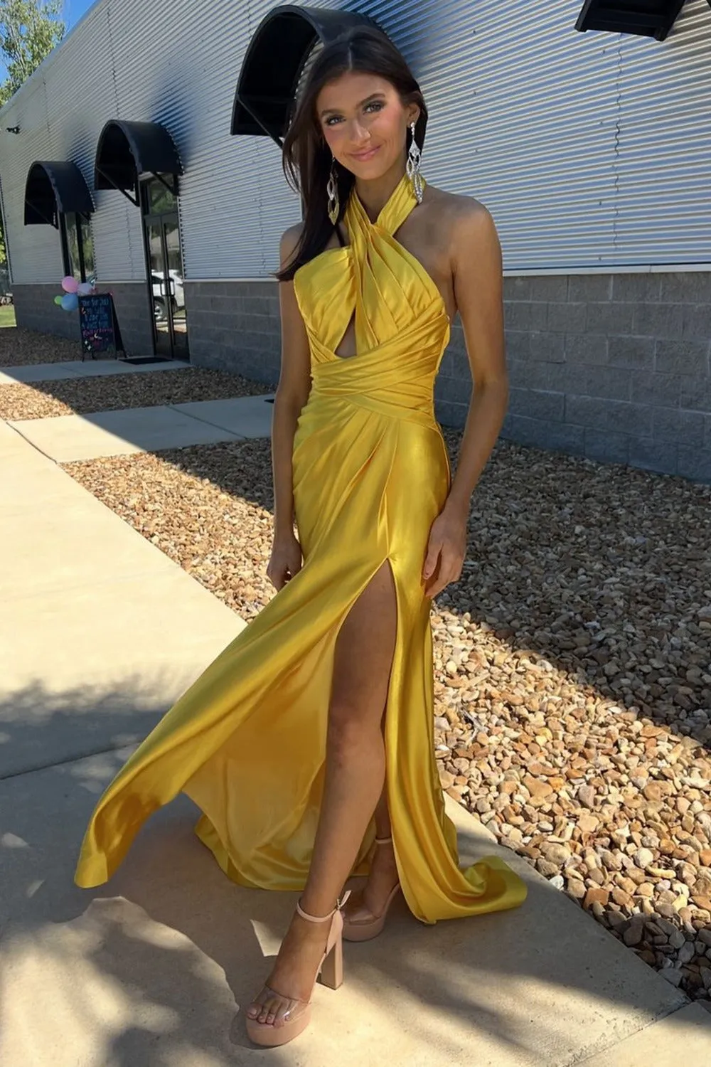 Yellow Halter Satin Mermaid Long Prom Dress With Slit sold by KissProm product image thumbnail 2