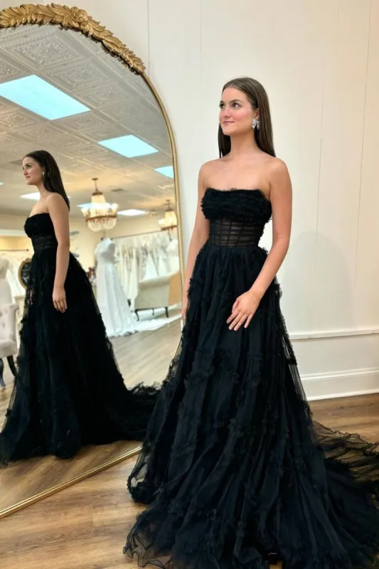 Arcanae | Black Strapless Tulle A Line Lone Prom Dress sold by KissProm