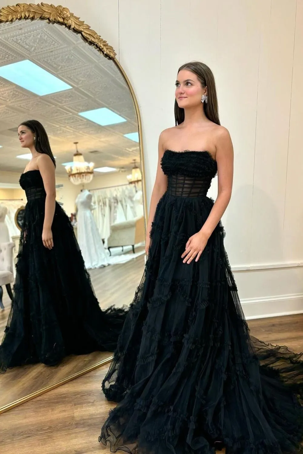 Arcanae | Black Strapless Tulle A Line Lone Prom Dress sold by KissProm