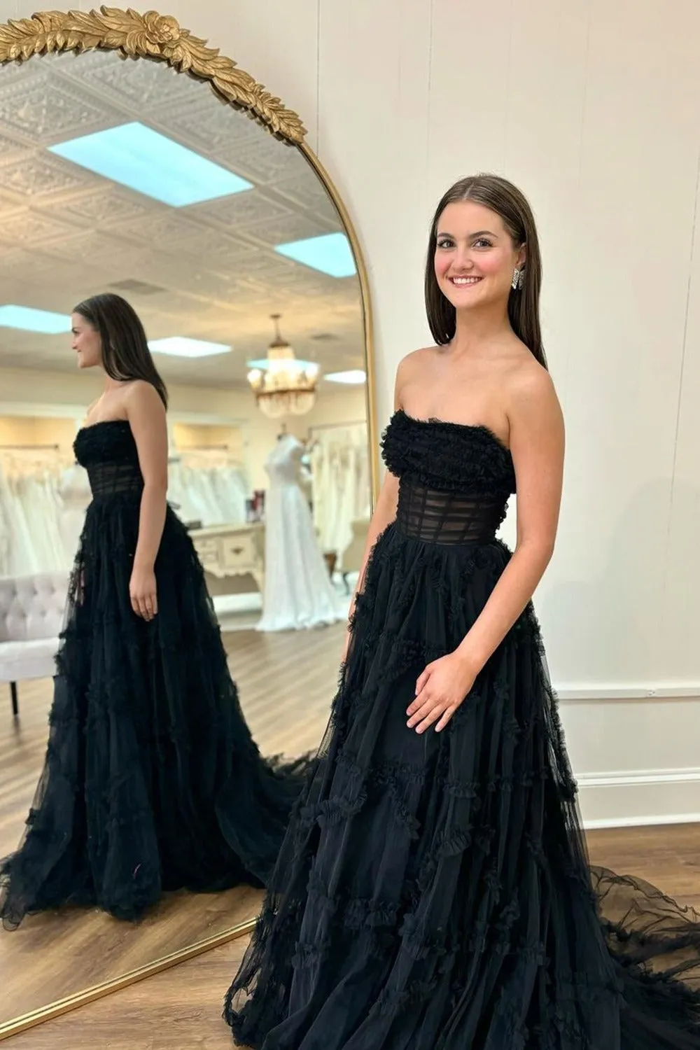 Arcanae | Black Strapless Tulle A Line Lone Prom Dress sold by KissProm product image thumbnail 2